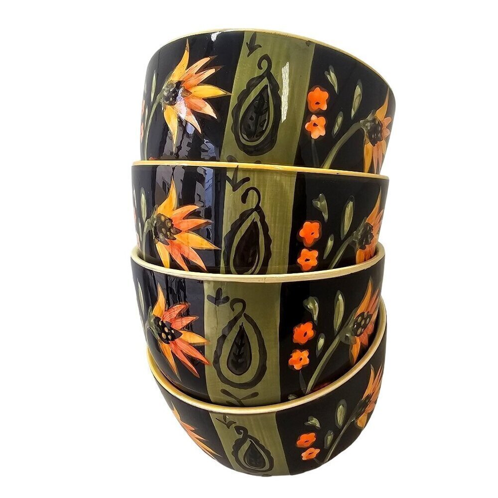 222 Fifth Arabian Flower Set of 4 Cereal Dessert Bowls Black Green Orange